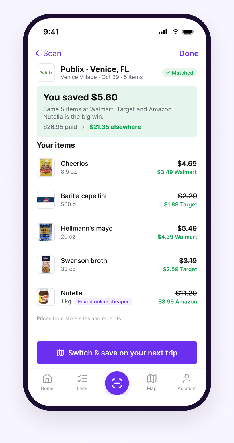 SavePilots app showing a matched Publix receipt with cheaper store prices — example